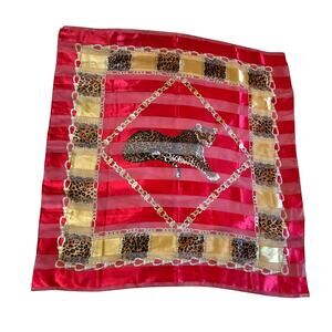 Vintage Leopard Chain Scarf Satin Square Red Gold Animal Print 41”